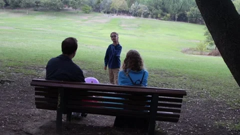 Young boy showing something to parents sitting on bench Stock Footage 304730650