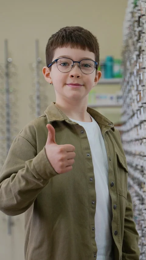 Young boy showing thumbs up after successful eye exam Video stock 310812290