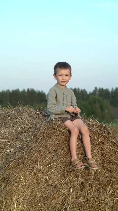 A young boy sits atop a large hay bale in an open rural field  Vídeo Stock 343147779