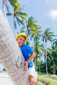 Young boy sits on a palm tree in a tropical beach Fotos Stock