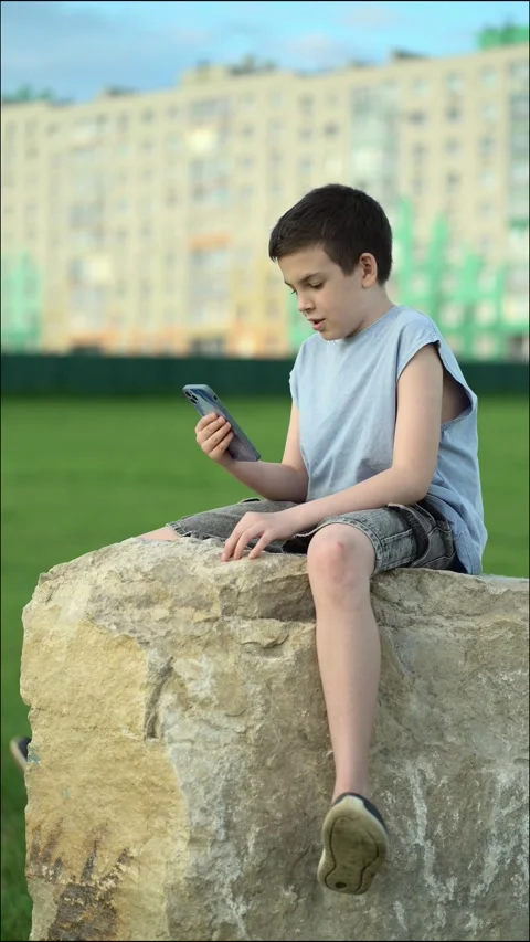 Young boy sits on a rock in park and talks on video call using smartphone.  Video stock 337199069