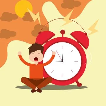 Young boy sitting with alarm clock wake up concept Illustrazione stock