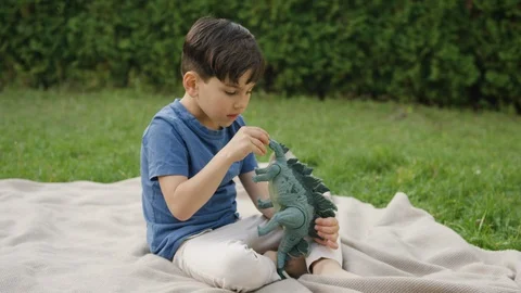 Young boy sitting on blanket in backyard and playing with toy dinosaur Stock Footage 119990273