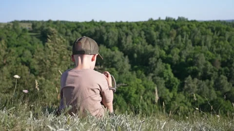 Young boy sitting on grassy hilltop admiring the forest view Stock Footage 335738498