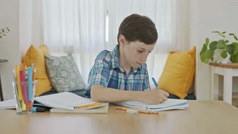 Young boy sitting at home preparing homework for school Stock Footage 137706324