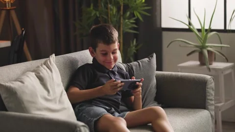 Young Boy Sitting on Sofa Using Smartphone and Smiling Stock-Footage 344146625