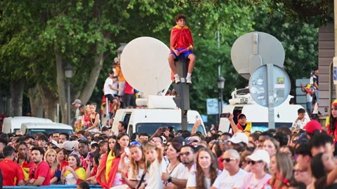 Young Boy Sitting Traffic Light Spanish Fans Madrid World Cup Victory Parade Видео 344052618