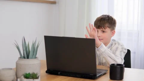 A young boy is sitting, working at his laptop, looking at the laptop screen, and Stock Footage 272436479