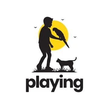 Young boy son playing cat and bird pets happiness park sunset mascot logo v.. Stock Illustration