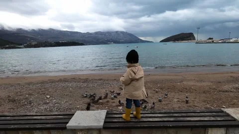 A young boy is standing on a beach next to a body of water Stock Footage 274153817