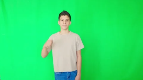 A young boy is standing in front of a green background Stock Footage 311837506