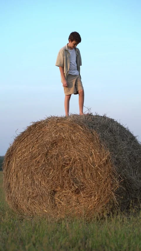 Young boy stands barefoot on large round hay bale in rural field  Video stock 342966851