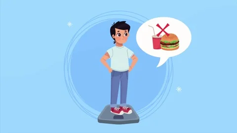 Young boy stands on scale thinking about avoiding unhealthy fast food and s.. Stock Footage 339200608