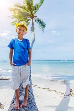Young boy stays on a palm tree in a tropical beach 写真素材