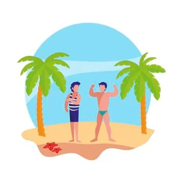 Young boy with strong man on the beach summer scene Illustrazione stock