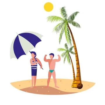 Young boy with strong man on the beach summer scene 스톡 일러스트