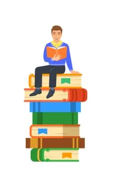 Young boy student sits on stack of giant books イラスト素材