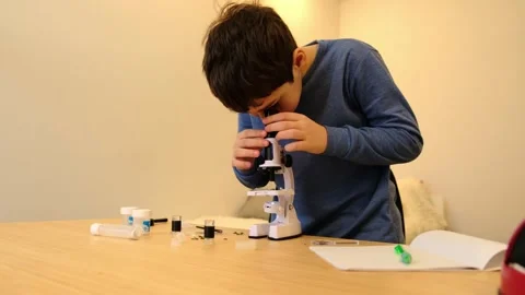 Young boy studies a sample through a microscope, candid side view with tidy Stock Footage 327927379