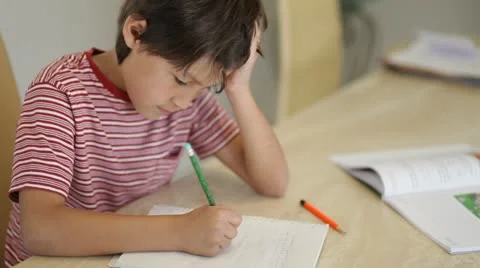 Young boy studying and writing homework Stock Footage 21309843