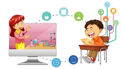 Young boy studying in front of computer Stock Illustration