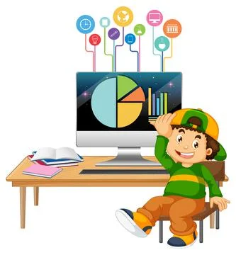 Young boy studying in front of computer イラスト素材