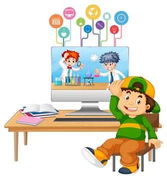Young boy studying in front of computer Stock Illustration