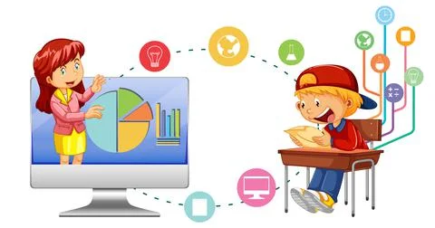 Young boy studying in front of computer Stock Illustration