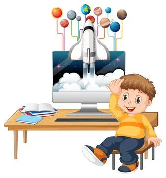 Young boy studying in front of computer Stock Illustration