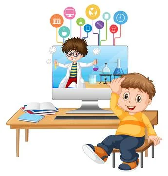 Young boy studying in front of computer イラスト素材