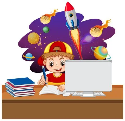 Young boy studying in front of laptop with space objects Illustrazione stock