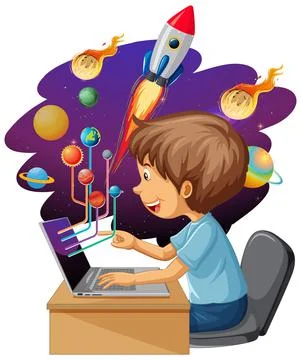 Young boy studying in front of laptop with space objects Illustrazione stock