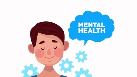 Young boy thinking about mental health with gears and speech bubble motion .. Stock Footage 334533990