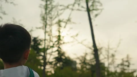 Young Boy Throwing Paper Airplane Into Sunlit Sky During Golden Hour Video stock 339074406