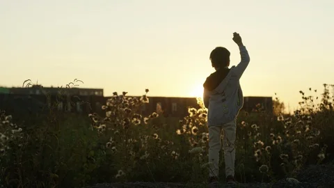 Young boy throwing the stone in the field at sunset Stock Footage 119993496
