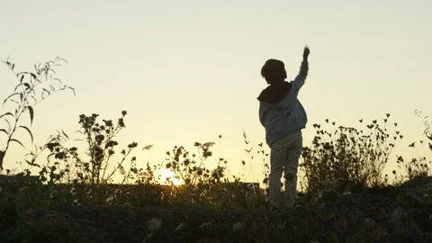 Young boy throwing the stone in the field at sunset Stock Footage 119993535