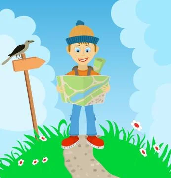 Young boy tourist with a backpack, check the route on the map Stock Illustration