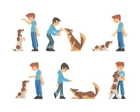 Young Boy Training His Dog Teaching Him Sitting on Command Vector Set Illustrazione stock