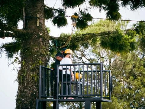 Young boy trying the flying fox zip line in Malaysia Stock Photos