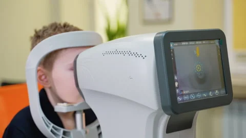 Young boy undergoing autorefractor eye exam at ophthalmology clinic Stock Footage 310806091