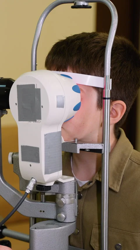 Young boy undergoing eye examination with medical equipment Stock Footage 310812086
