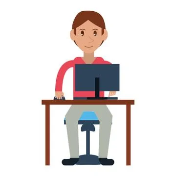 Young boy uses computer desk chair design Illustrazione stock