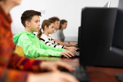 Young boy using computer during lesson 스톡 사진