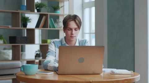 Young Boy Using Laptop Computer for Home Education and Typing Homework Stock Footage 222448119