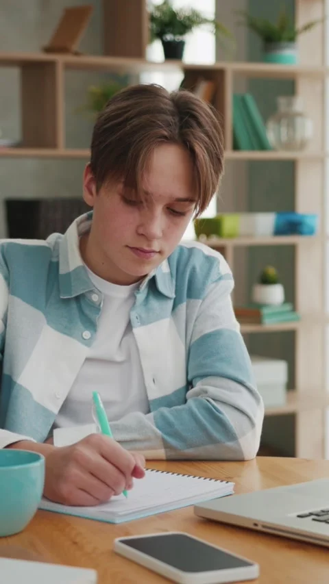Young Boy Using Laptop Computer for Home Education and Typing Homework Stock Footage 307809243