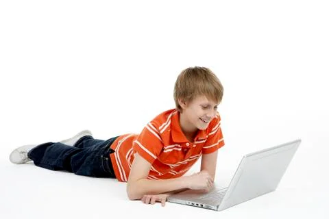 Young Boy Using Laptop Computer 스톡 사진
