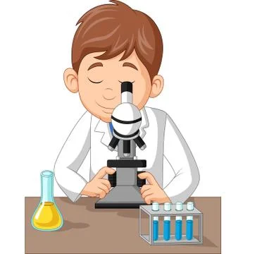 Young boy using microscope on the laboratory 스톡 일러스트