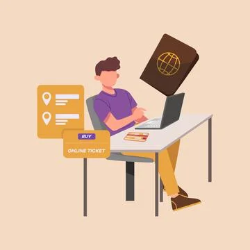 Young boy using a passport over a laptop for Planning a trip and buying ticke Stock Illustration