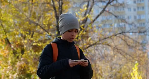 Young boy using smartphone outdoors in autumn park. Kid enjoys nature while Stock Footage 346753316
