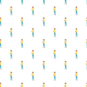 Young boy using smartphone in seamless cartoon pattern Stockillustratie