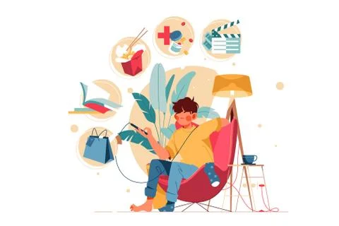 Young boy using smartphone sitting at home looking at screen. Stock Illustration